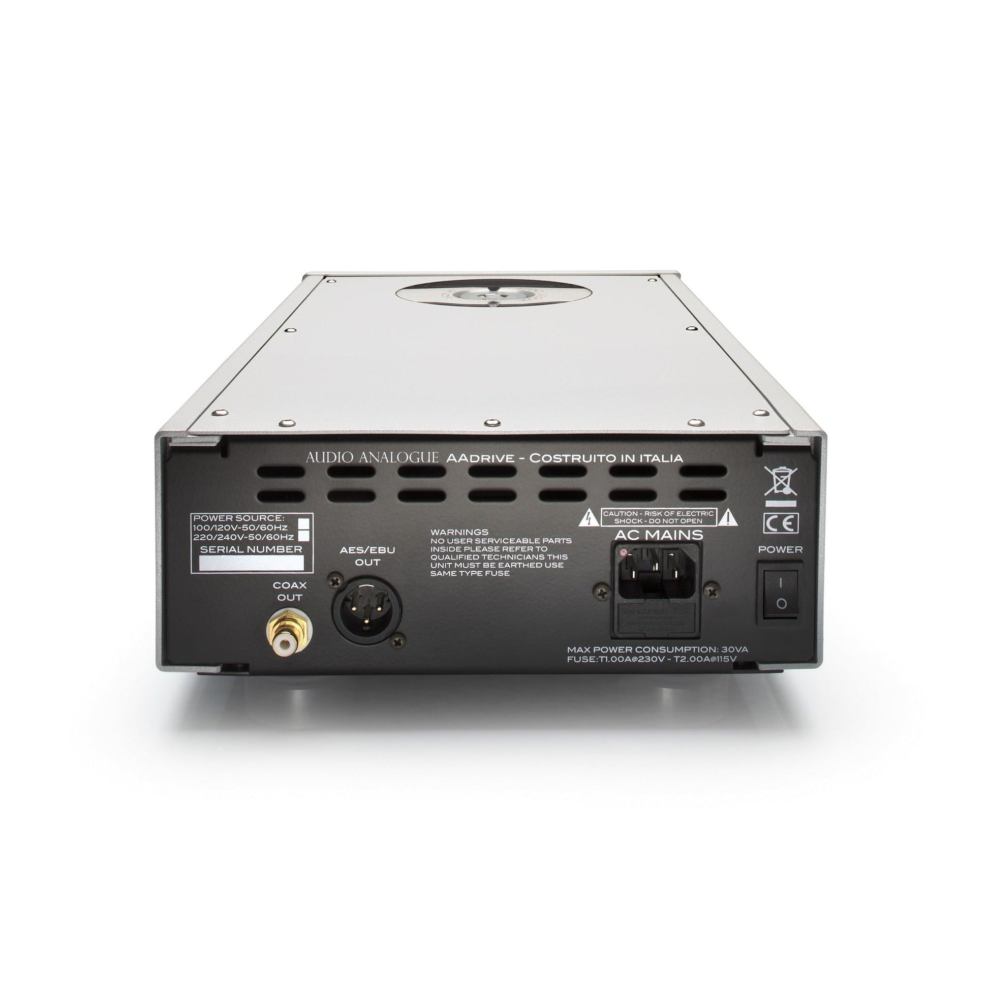 Audio Analogue Pure AADrive CD-Laufwerk silber, Rückansicht mit Koaxial- und AES/EBU-Digitalausgang