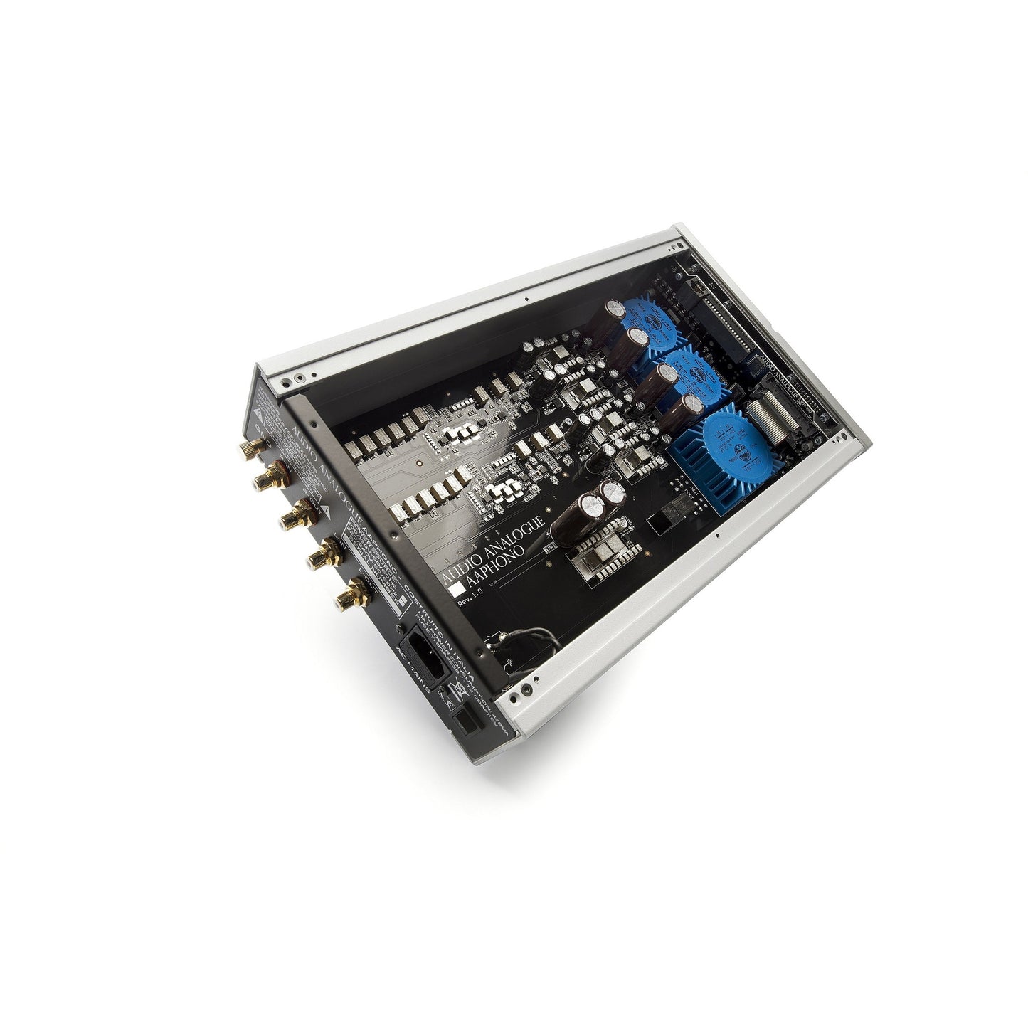 Audio Analogue Pure AAPhono Phono-Vorverstärker, Innenansicht schräg von hinten mit Cinch-Buchsen und Platine