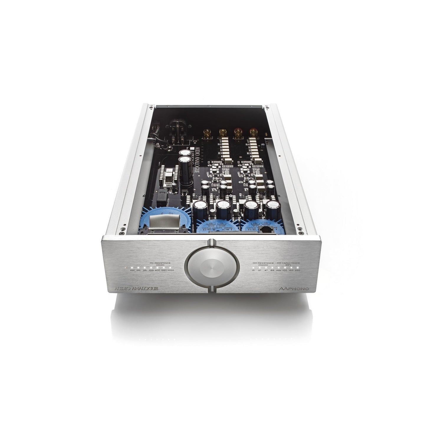 Audio Analogue Pure AAPhono Phono-Vorverstärker, Innenansicht von vorne mit geöffnetem Gehäuse und Platine