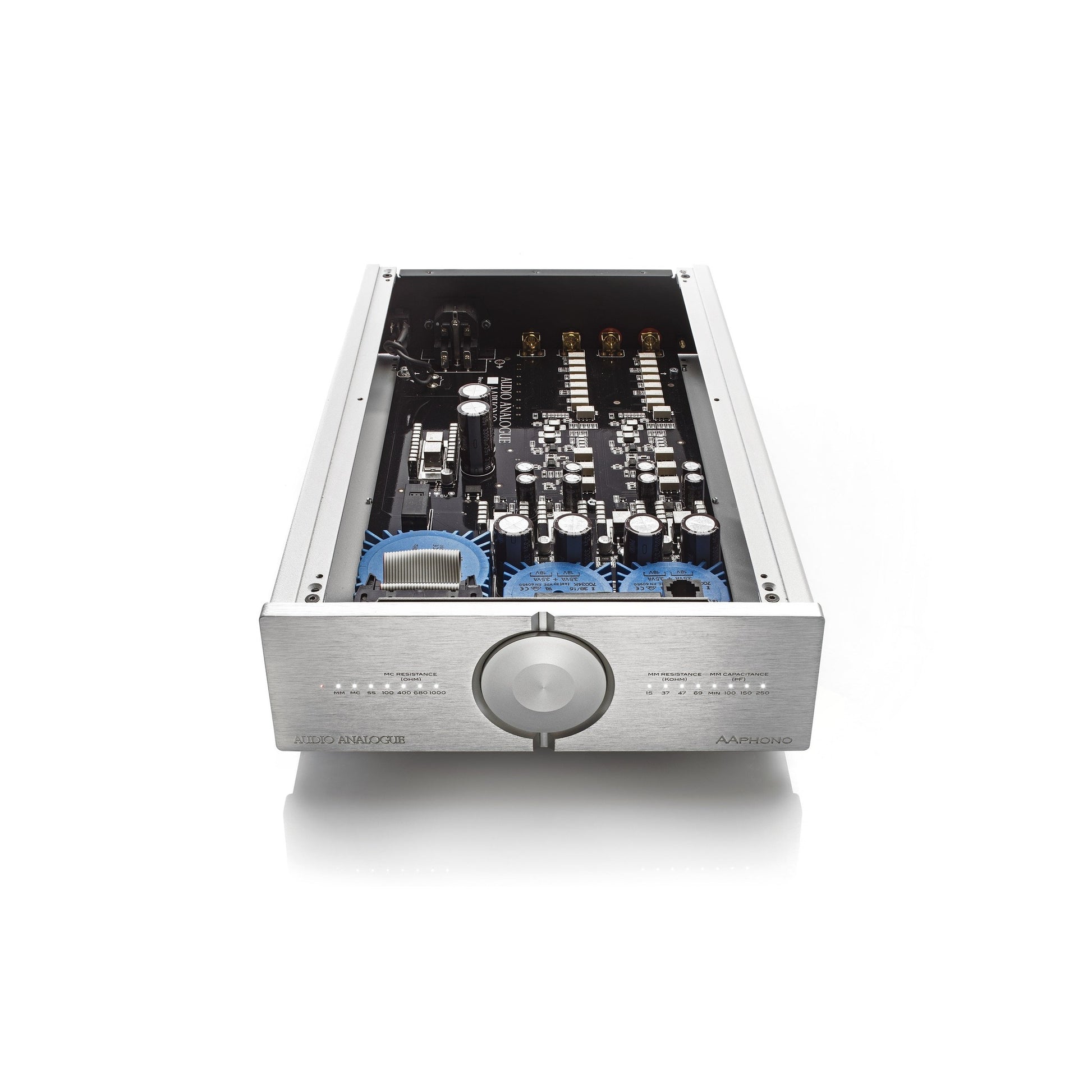 Audio Analogue Pure AAPhono Phono-Vorverstärker, Innenansicht von vorne mit geöffnetem Gehäuse und Platine