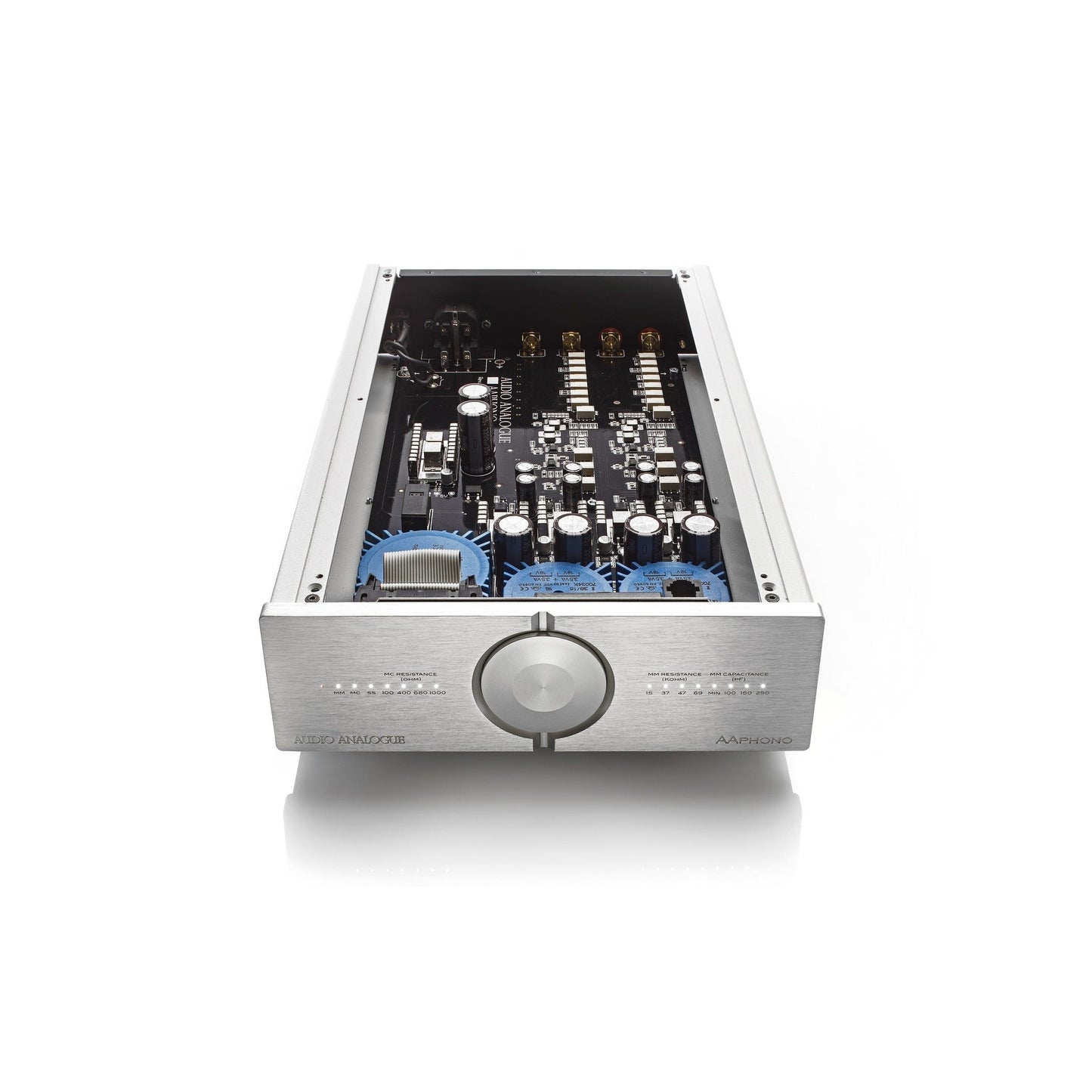 Audio Analogue Pure AAPhono Phono-Vorverstärker Silber, Innenansicht von vorne mit geöffnetem Gehäuse und Platine