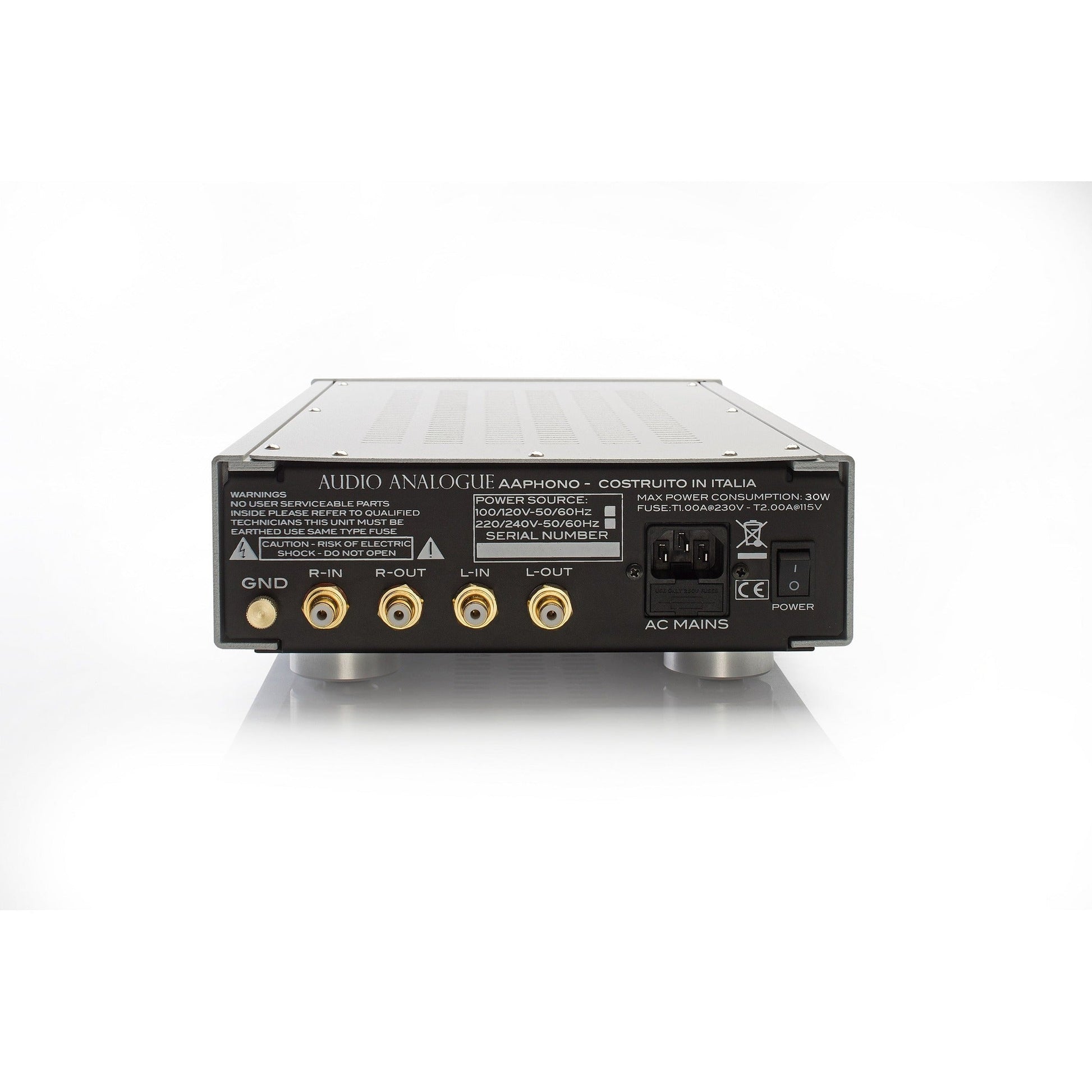 Audio Analogue Pure AAPhono Phono-Vorverstärker Silber, Rückansicht mit Cinch-Buchsen, Masseklemme und Netzschalter