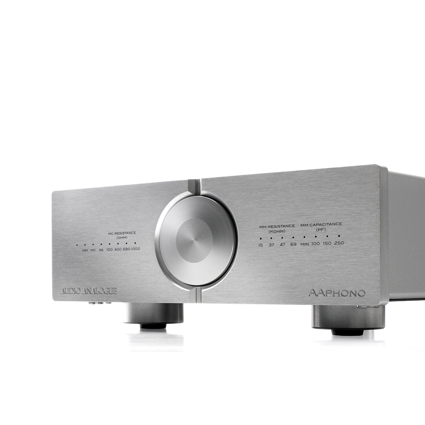 Audio Analogue Pure AAPhono Phono-Vorverstärker Silber, Schrägansicht der Frontblende mit Drehschalter