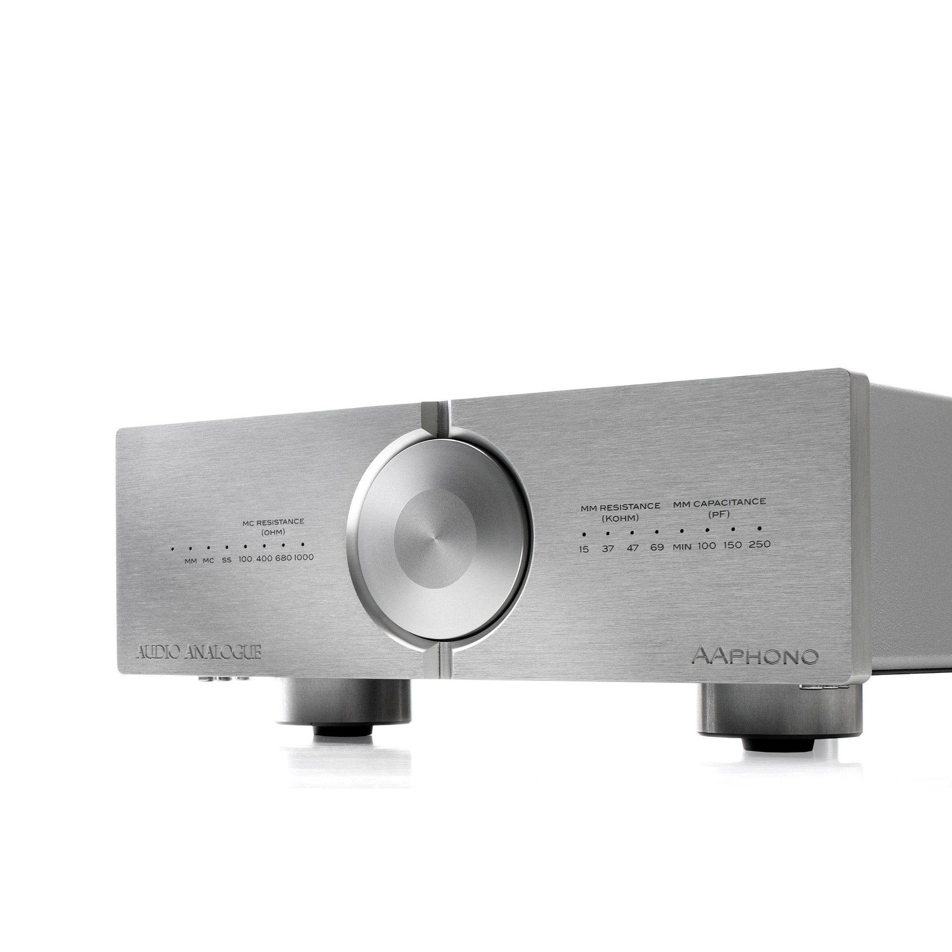 Audio Analogue Pure AAPhono Phono-Vorverstärker Silber, Schrägansicht der Frontblende mit Drehschalter