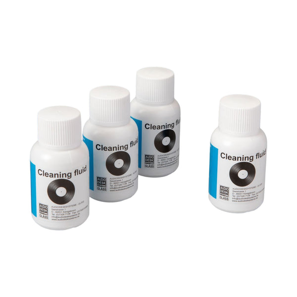 Audio Desk Systeme Reinigungskonzentrat für Vinyl Cleaner, Setansicht mit vier Flaschen Cleaning Fluid