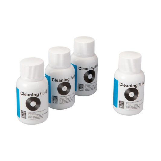 Audio Desk Systeme Reinigungskonzentrat für Vinyl Cleaner, Setansicht mit vier Flaschen Cleaning Fluid