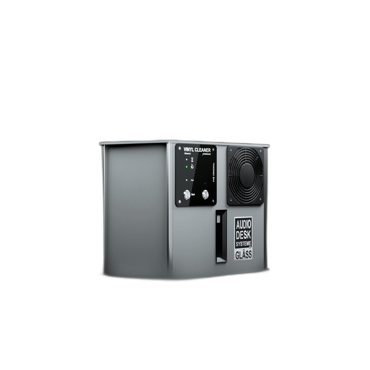 Audio Desk Systeme Vinyl Cleaner Premium Ultraschall-Plattenwaschmaschine grau, Schrägansicht geschlossen