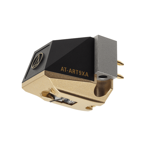 Audio-Technica AT-ART9XA MC-Tonabnehmer Schrägansicht mit schwarzem Gehäuse und goldener Basis