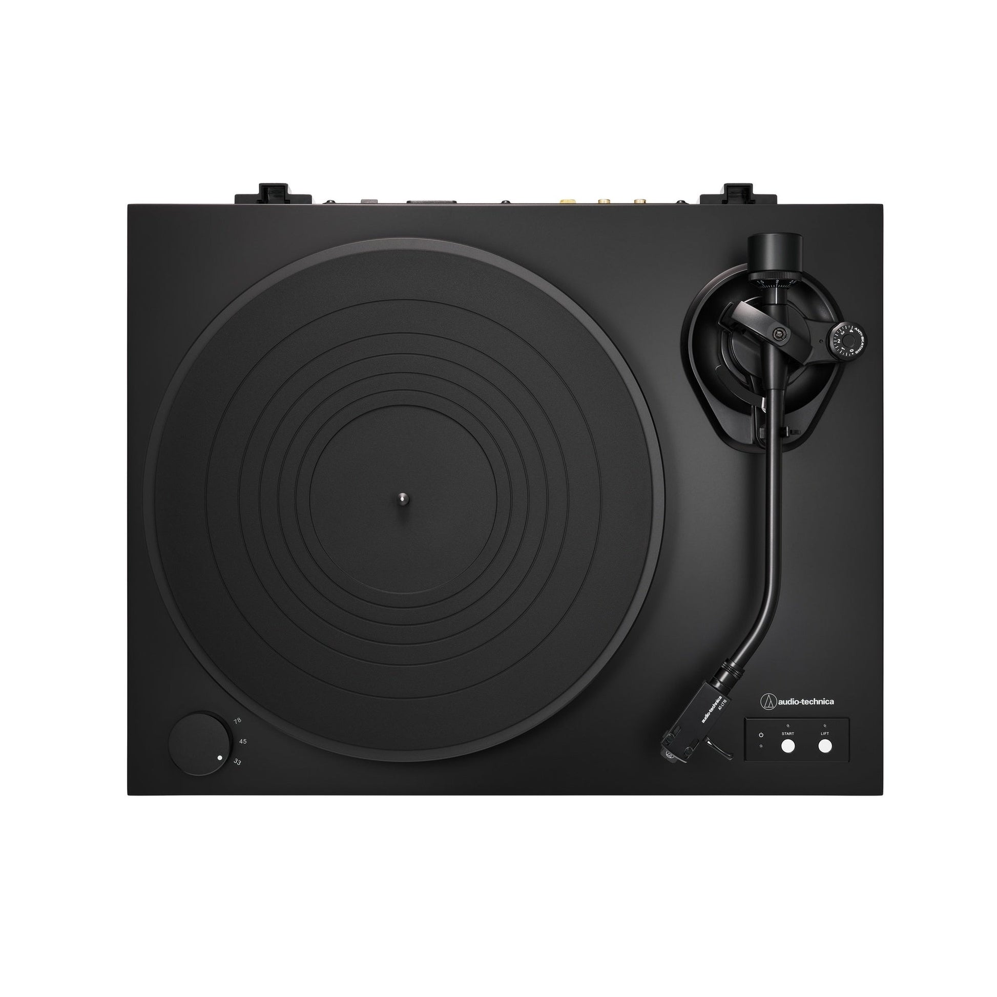 Audio-Technica AT-LP8X Plattenspieler Draufsicht mit Plattenteller und J-förmigem Tonarm