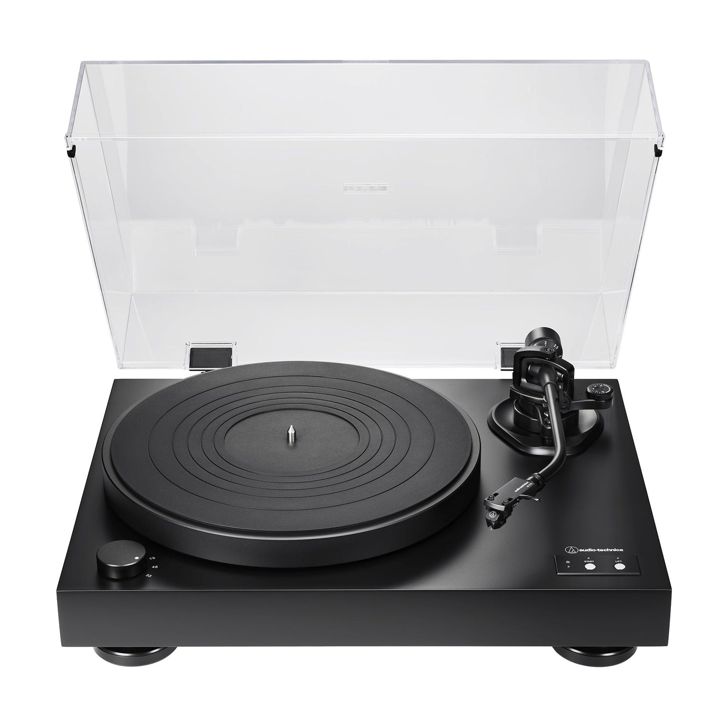 Audio-Technica AT-LP8X Plattenspieler Schrägansicht mit aufgestellter Staubschutzhaube und leerem Plattenteller