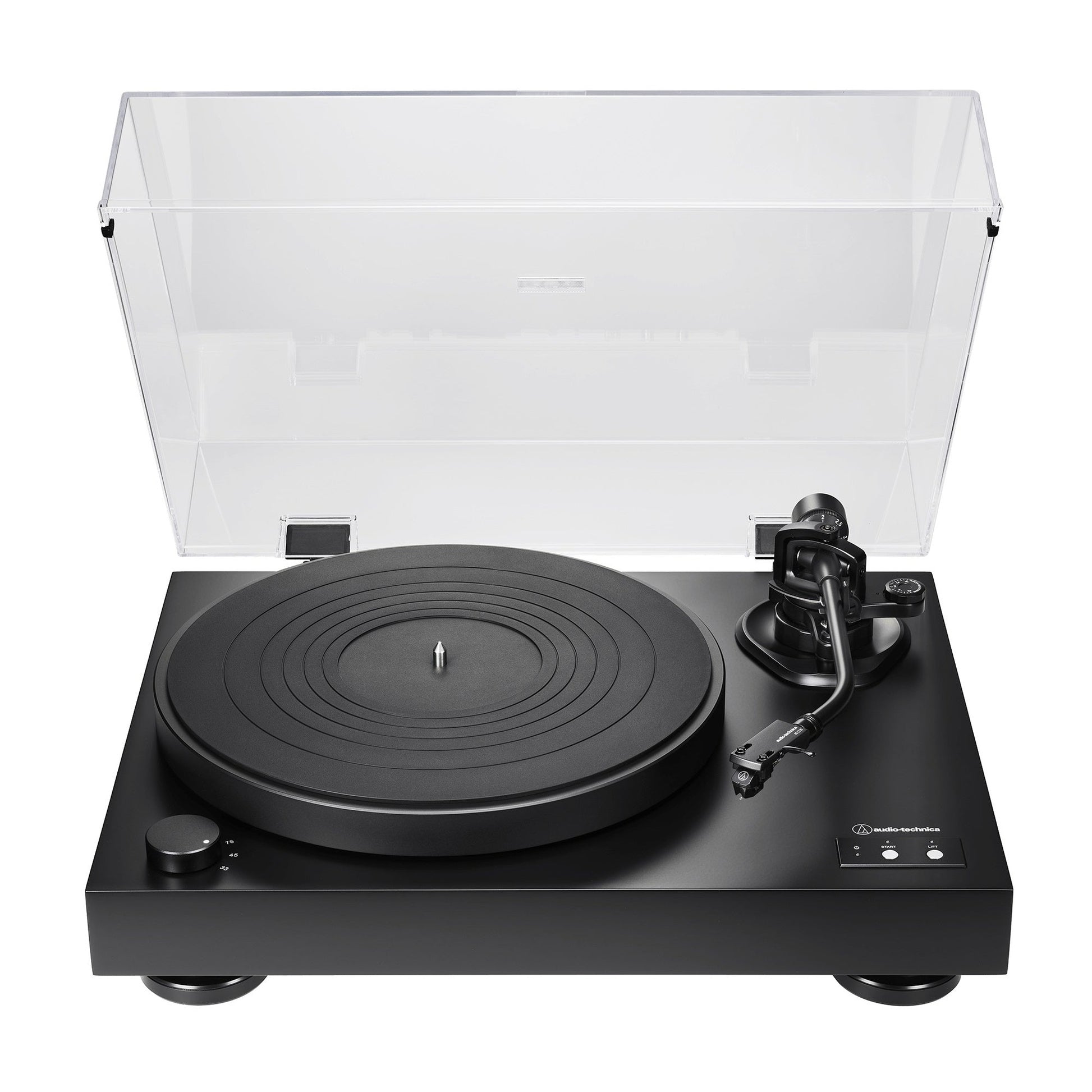 Audio-Technica AT-LP8X Plattenspieler Schrägansicht mit aufgestellter Staubschutzhaube und leerem Plattenteller