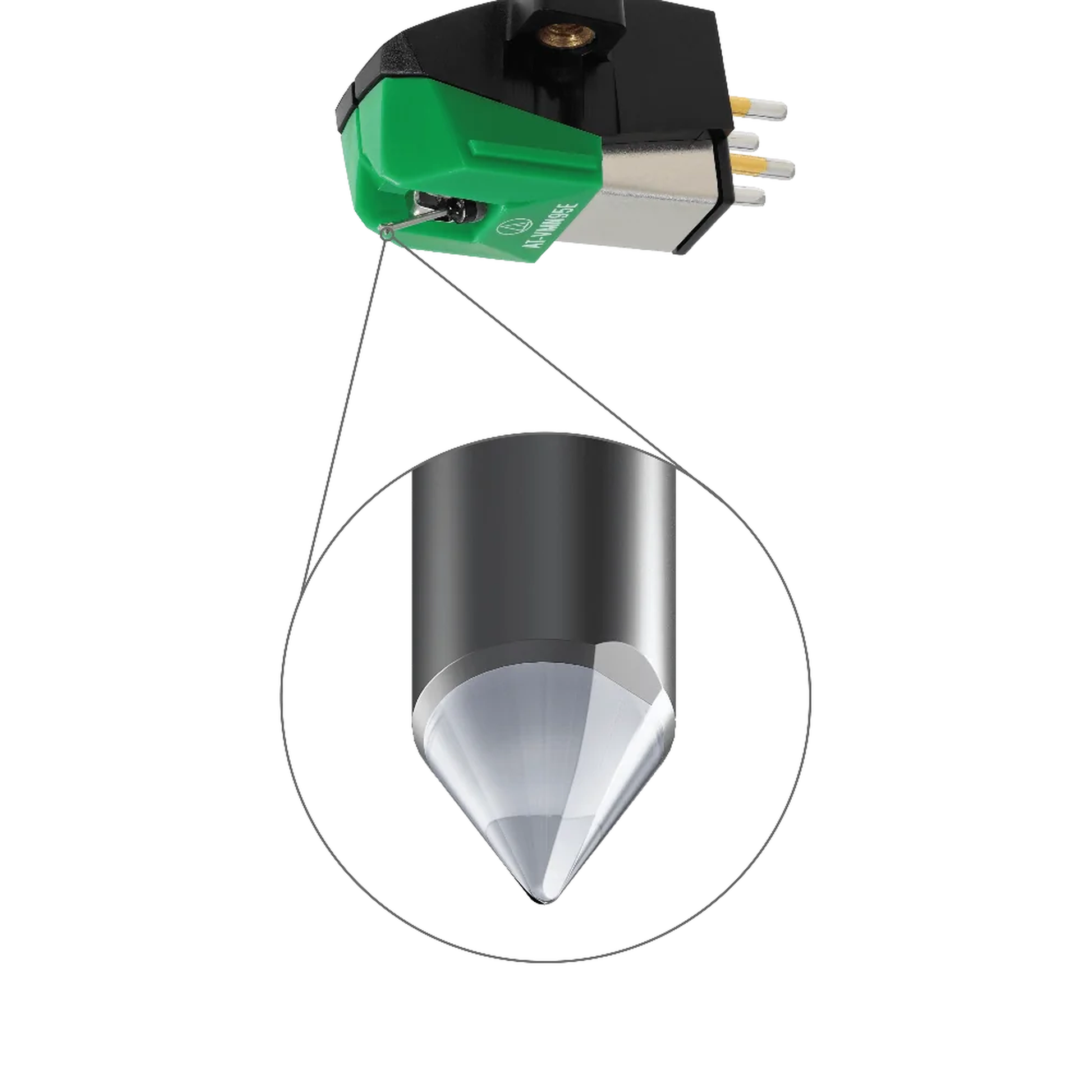 Audio-Technica AT-VM95E MM-Tonabnehmer Detailansicht mit vergrössertem elliptischem Nadelschliff