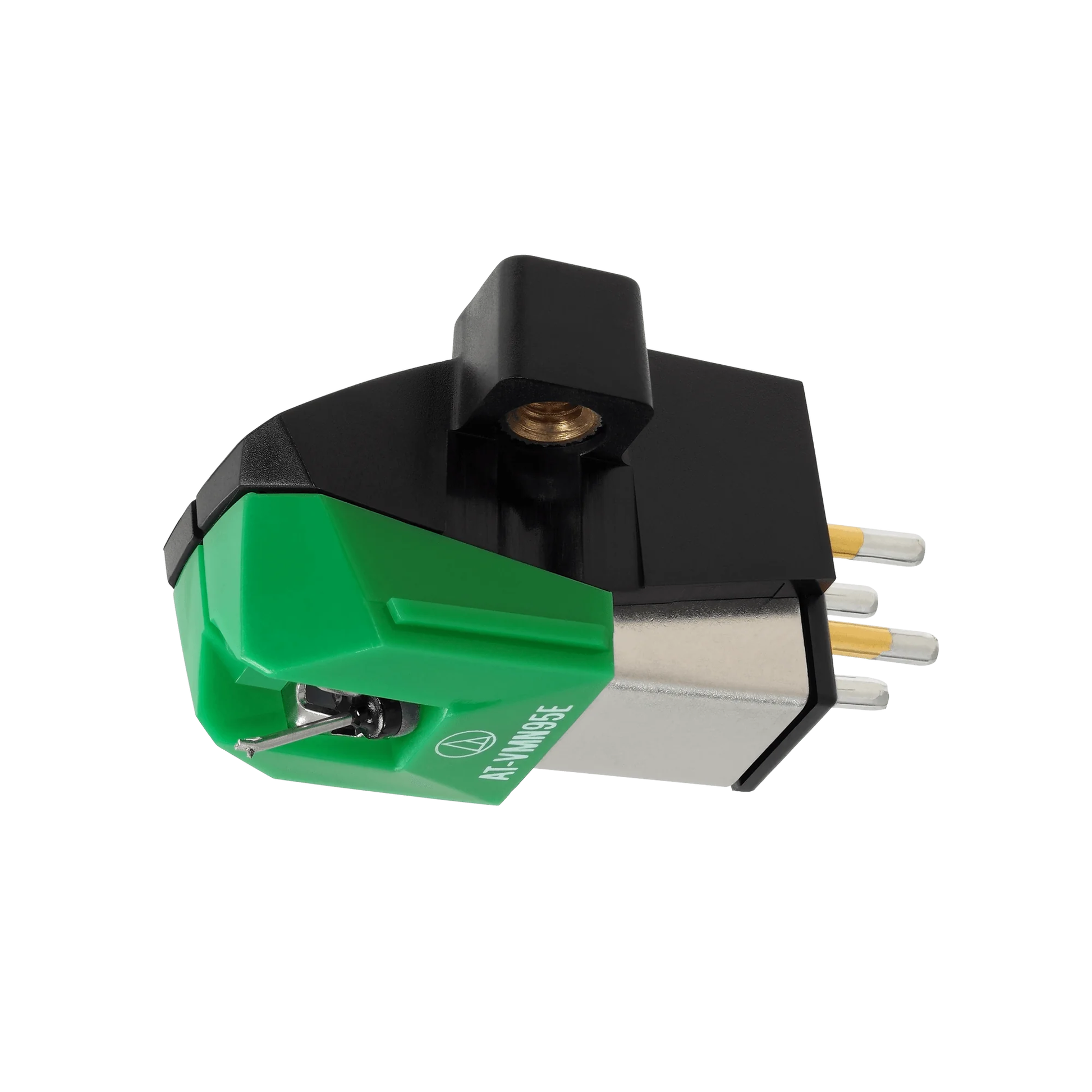 Audio-Technica AT-VM95E MM-Tonabnehmer Schrägansicht mit grünem Nadeleinschub und schwarzem Gehäuse