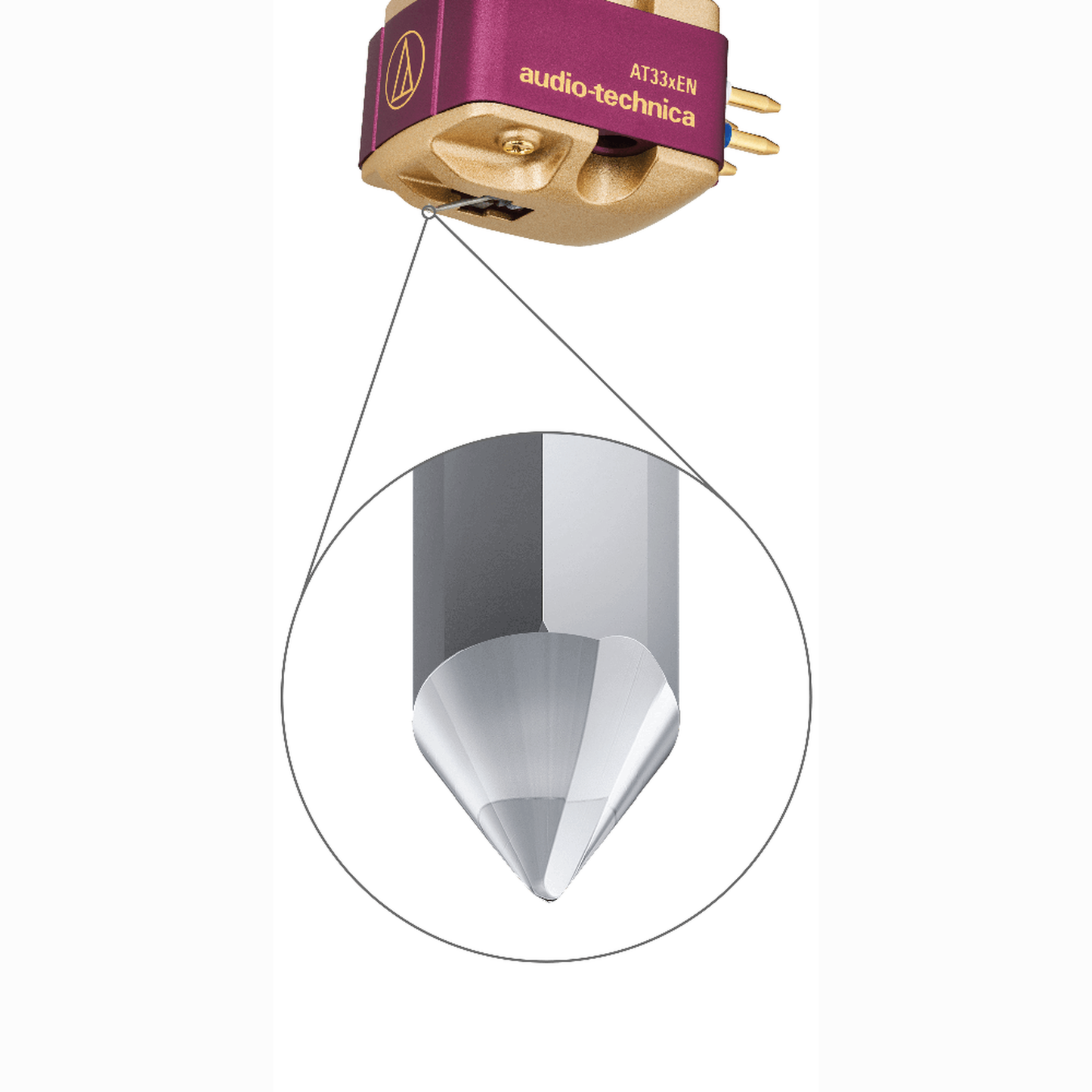 Audio-Technica AT33xEN MC-Tonabnehmer Detailansicht mit vergrössertem nacktem elliptischem Diamanten