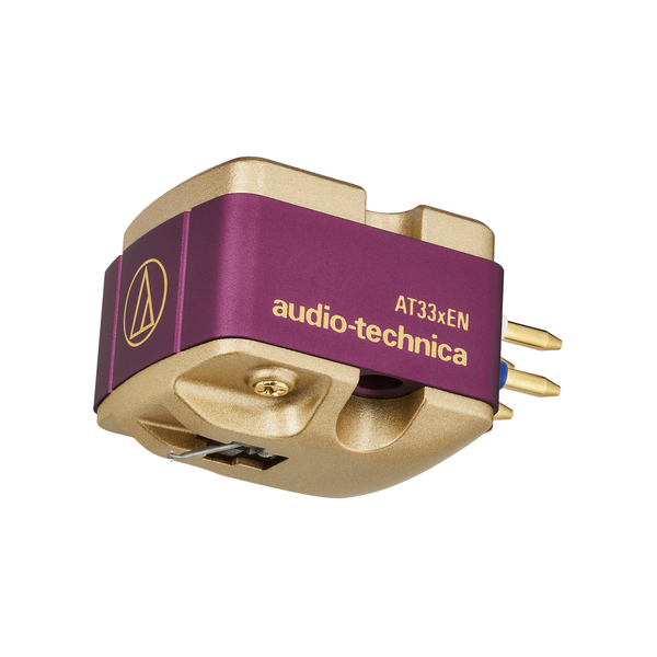 Audio-Technica AT33xEN MC-Tonabnehmer Schrägansicht mit bordeauxrotem Gehäuse und goldener Basis