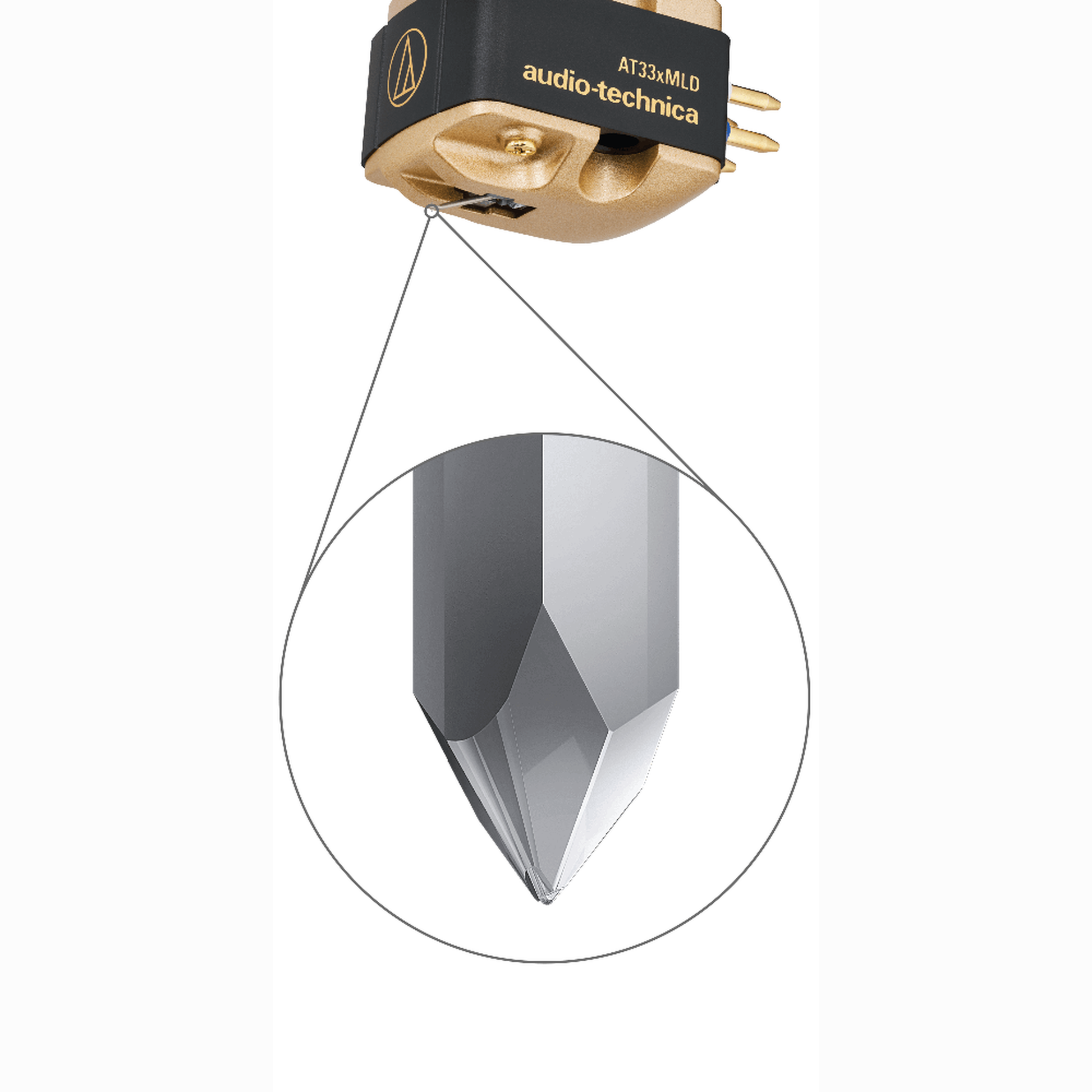 Audio-Technica AT33xMLD MC-Tonabnehmer Detailansicht mit vergrössertem nacktem Microlinear-Diamanten