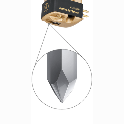 Audio-Technica AT33xMLD MC-Tonabnehmer Detailansicht mit vergrössertem nacktem Microlinear-Diamanten