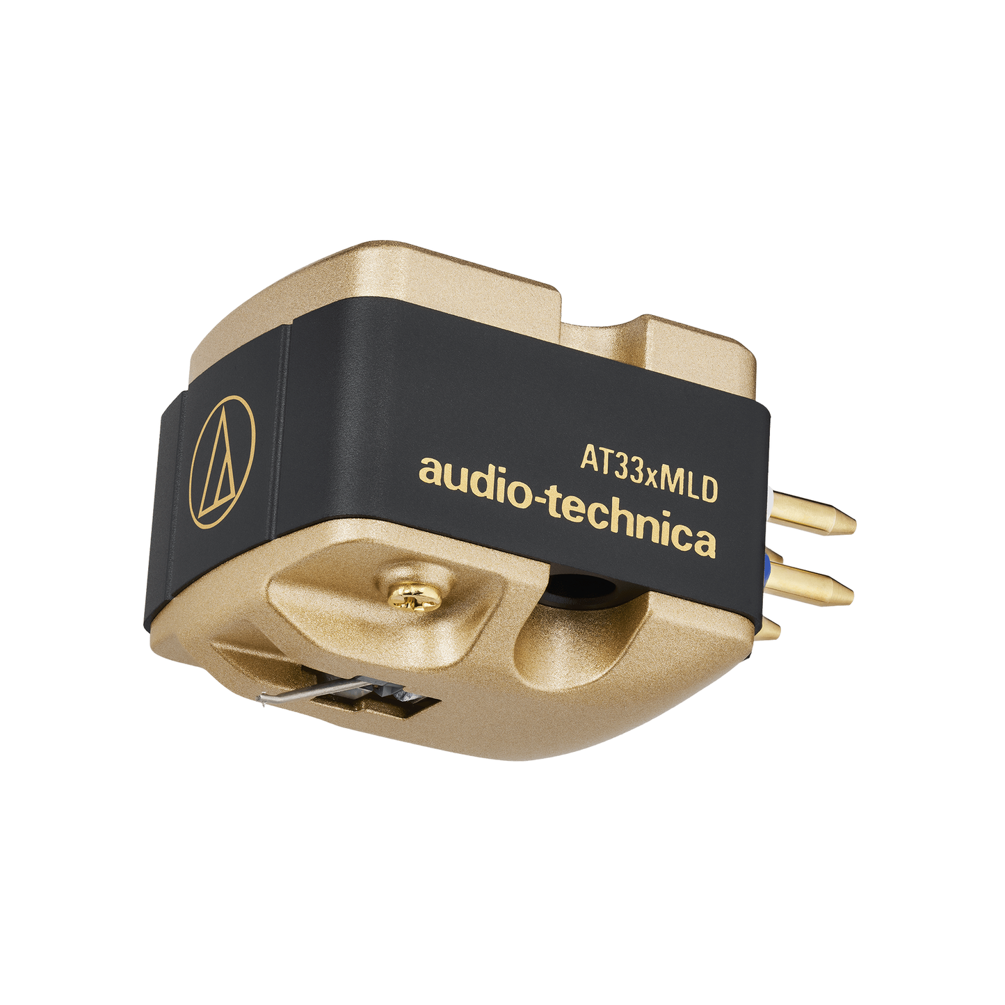 Audio-Technica AT33xMLD MC-Tonabnehmer Schrägansicht mit schwarzem Gehäuse und goldener Basis