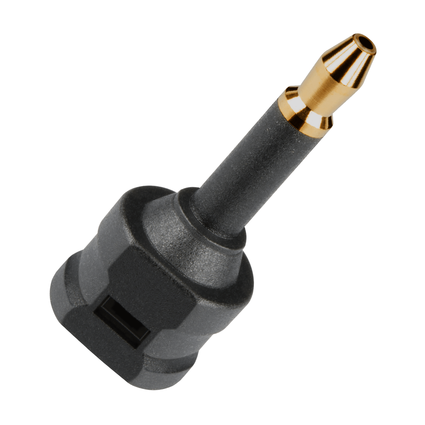 AudioQuest 3,5-mm-Toslink-Adapter Schrägansicht mit vergoldeter Spitze und kantigem Gehäuse