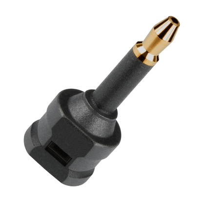 AudioQuest 3,5-mm-Toslink-Adapter Schrägansicht mit vergoldeter Spitze und kantigem Gehäuse
