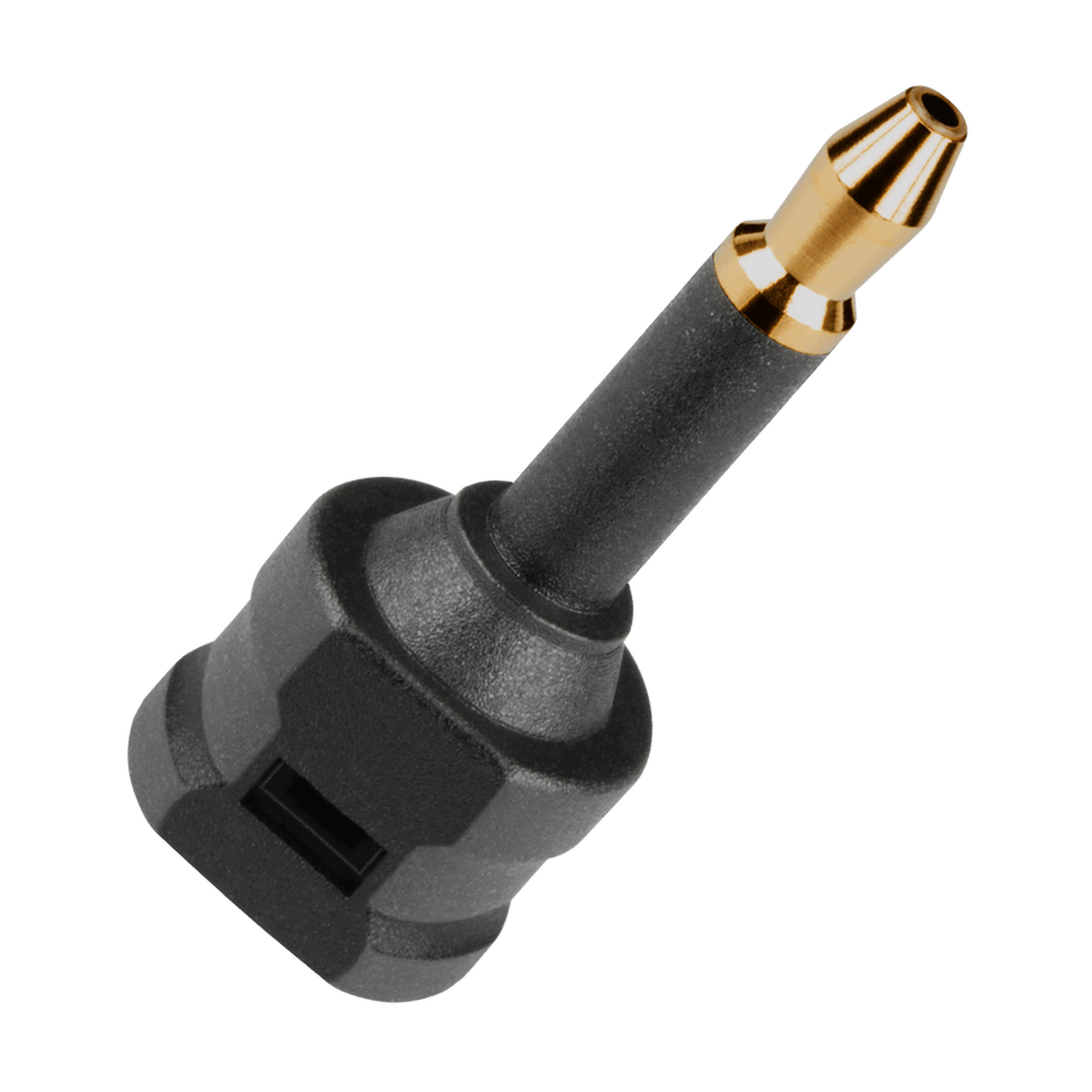 AudioQuest 3,5-mm-Toslink-Adapter Schrägansicht: Mini-Optical-Stecker und Toslink-Buchse