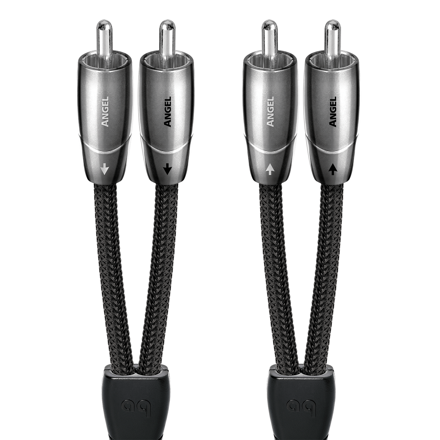 AudioQuest Angel NF-Kabel Produktansicht – Cinch/RCA-Stereopaar mit silbernen Steckern und schwarzem Geflechtmantel