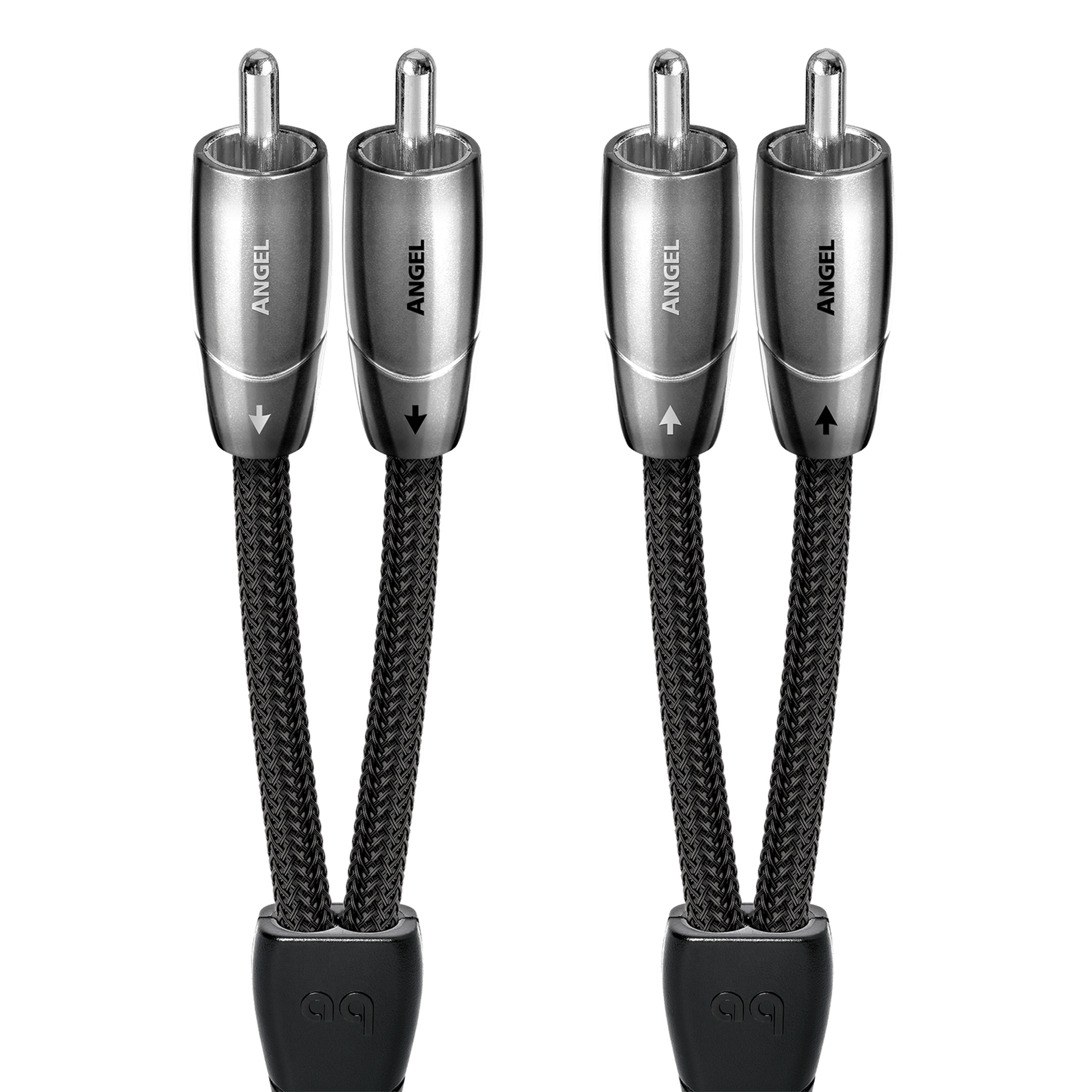 AudioQuest Angel NF-Kabel Produktansicht – Cinch/RCA-Stereopaar mit silbernen Steckern und schwarzem Geflechtmantel