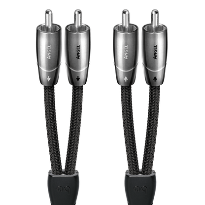 AudioQuest Angel NF-Kabel Produktansicht – Cinch/RCA-Stereopaar mit silbernen Steckern und schwarzem Geflechtmantel