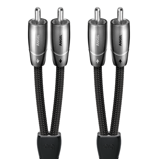 AudioQuest Angel NF-Kabel Produktansicht – Cinch/RCA-Stereopaar mit silbernen Steckern und schwarzem Geflechtmantel