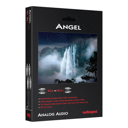 AudioQuest Angel NF-Kabel Verpackung – Originalkarton des Cinch/RCA-Analogkabels mit Wasserfall-Motiv