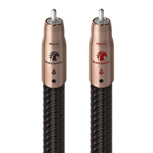 AudioQuest Black Beauty NF-Kabel Produktansicht – Cinch/RCA-Stereopaar mit rotgoldenen Steckern