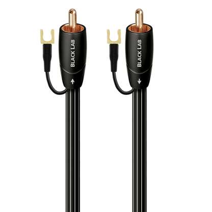 AudioQuest Black Lab Subwoofer-Kabel Produktansicht, beide Cinch-Stecker vergoldet, mit Masseleitung