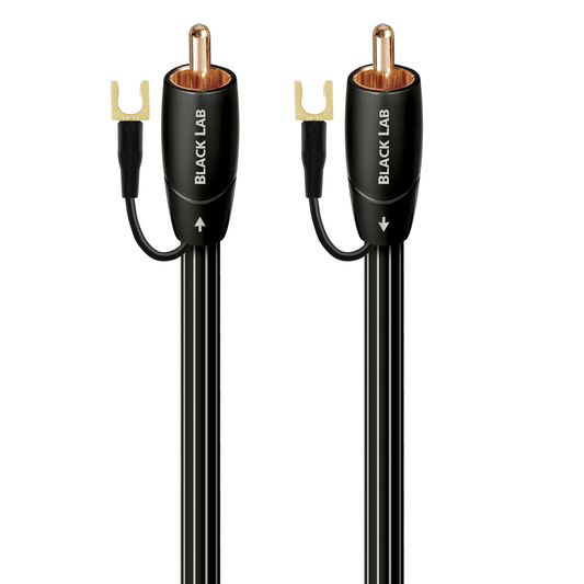 AudioQuest Black Lab Subwoofer-Kabel Produktansicht, beide Cinch-Stecker vergoldet, mit Masseleitung