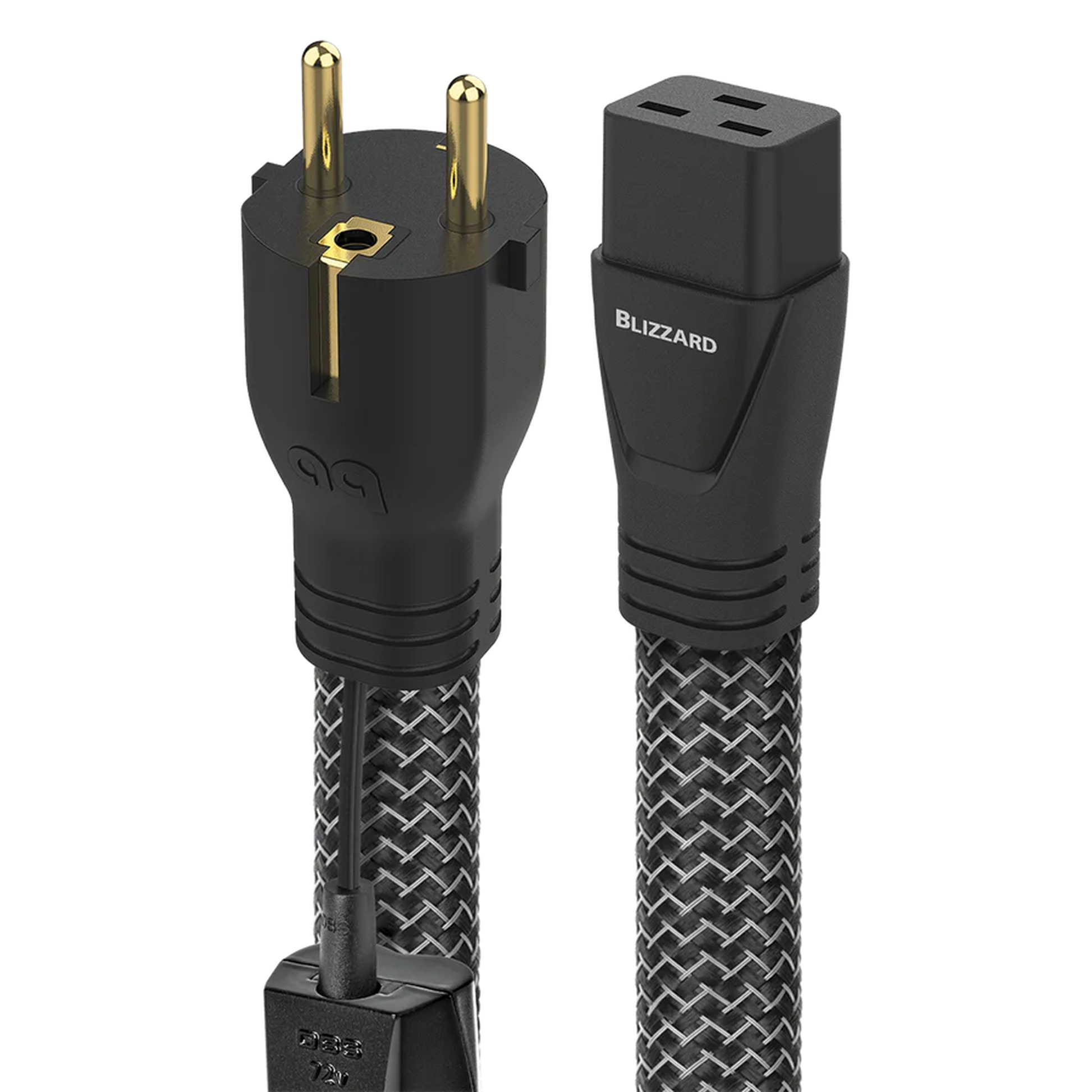 AudioQuest Blizzard Netzkabel Produktansicht mit Schuko-Stecker und IEC-C19-Kupplung für 20 A