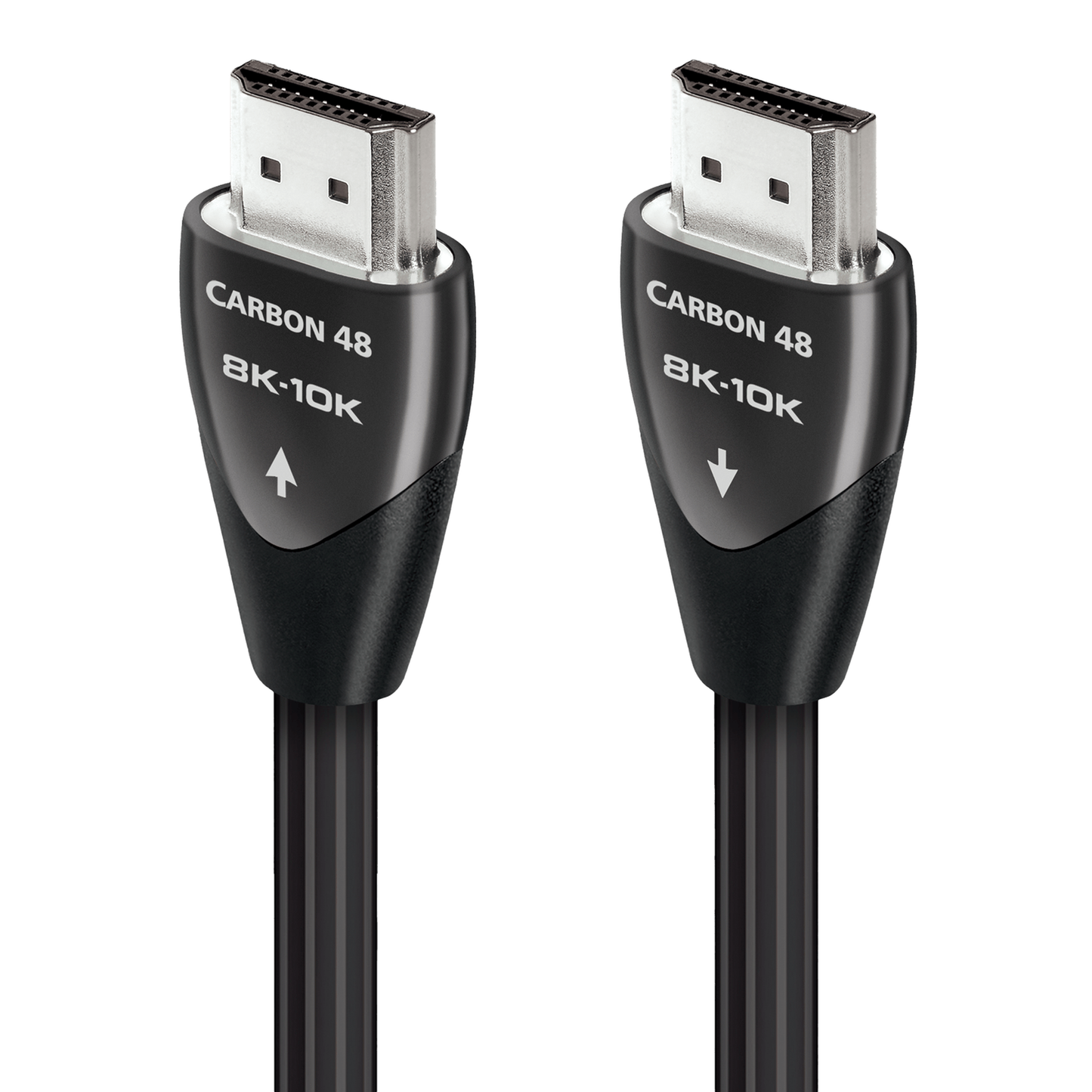 AudioQuest Carbon 48 HDMI-Kabel Produktansicht mit beiden Steckern und Richtungspfeilen, 8K-10K, 48 Gbps