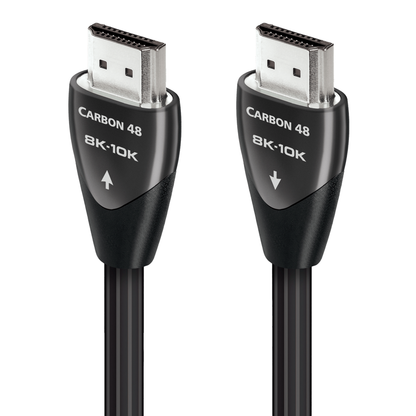 AudioQuest Carbon 48 HDMI-Kabel Produktansicht mit beiden Steckern und Richtungspfeilen, 8K-10K, 48 Gbps