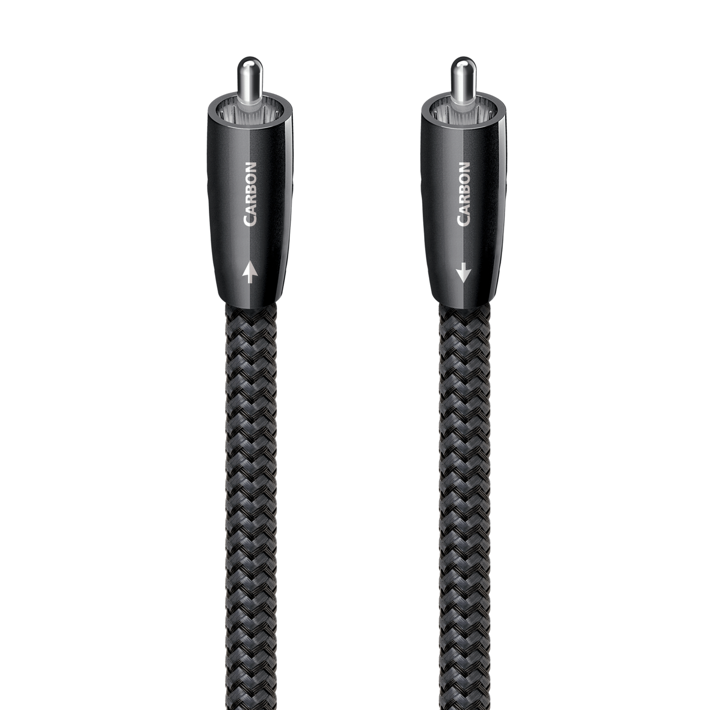 AudioQuest Carbon Digital-Koax-Kabel Detailansicht: beide Cinchstecker mit eingeprägter Laufrichtung