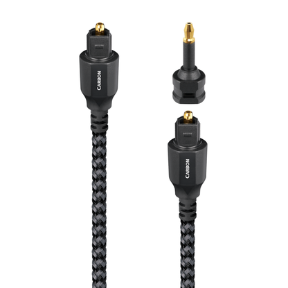 AudioQuest Carbon Optisches Kabel Detailansicht: beide Toslink-Stecker und 3,5-mm-Mini-Adapter