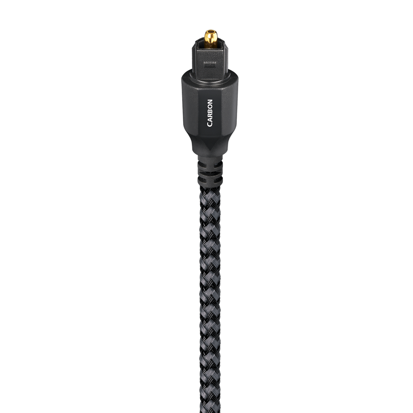 AudioQuest Carbon Optisches Kabel Produktansicht: Toslink-Stecker am schwarz-grauen Geflechtmantel