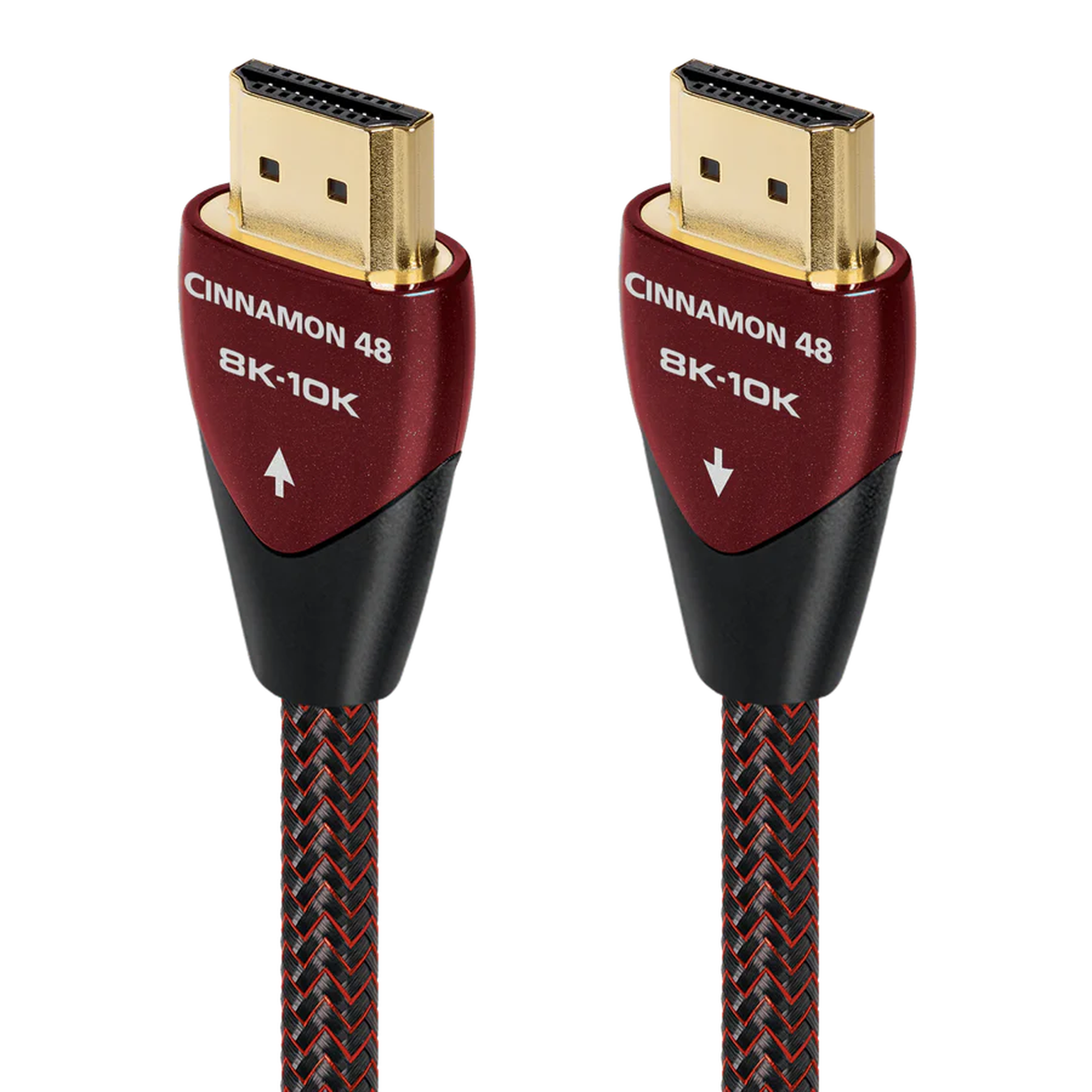 AudioQuest Cinnamon 48 HDMI-Kabel Produktansicht mit beiden Steckern und Richtungspfeilen, 8K-10K