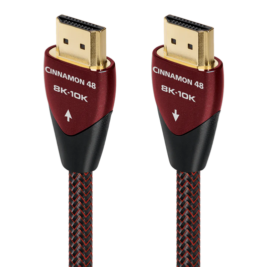 AudioQuest Cinnamon 48 HDMI-Kabel Produktansicht mit beiden Steckern und Richtungspfeilen, 8K-10K