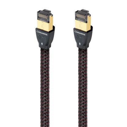 AudioQuest Cinnamon Ethernet-Kabel Detailansicht: beide RJ/E-Stecker mit Laufrichtungspfeilen