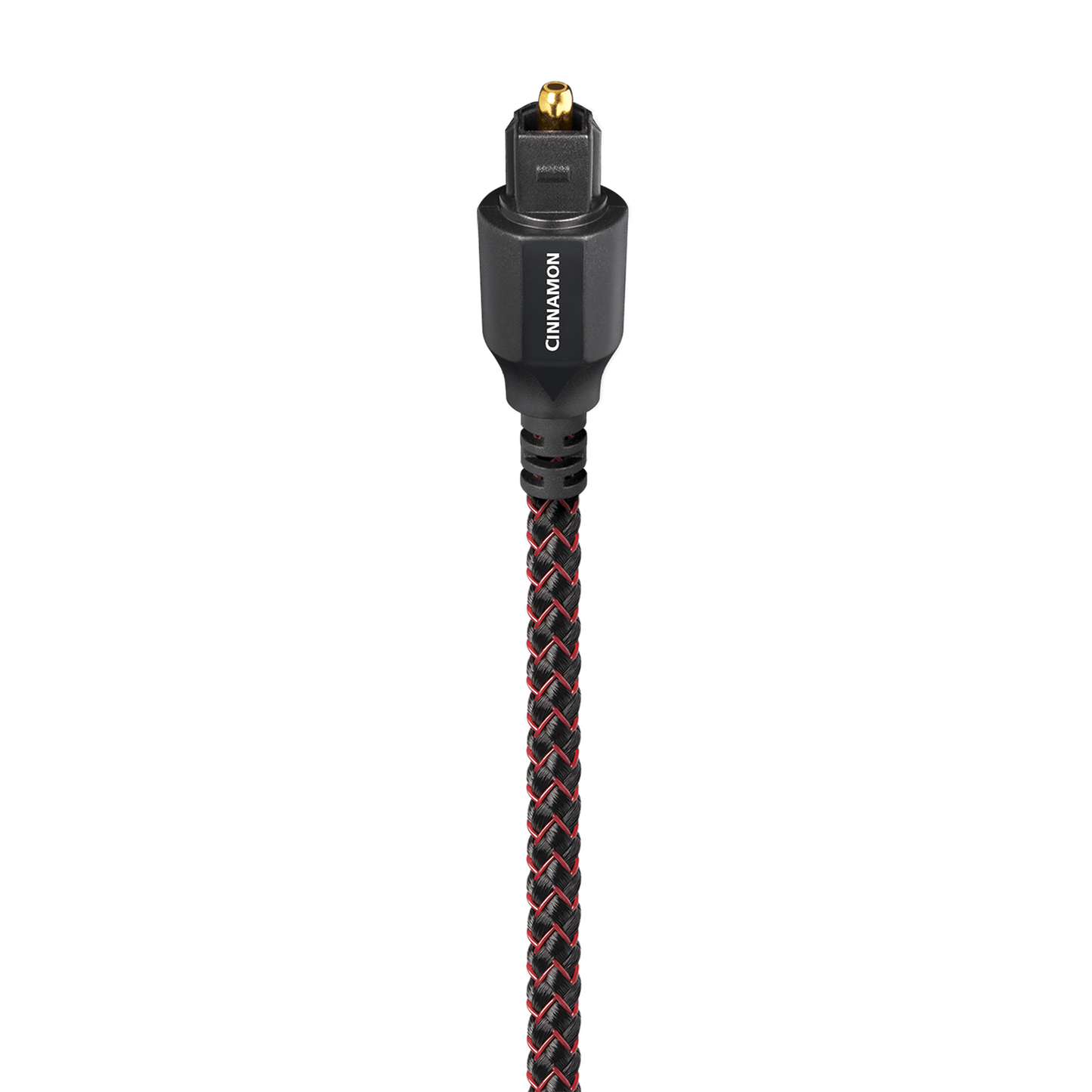 AudioQuest Cinnamon Optisches Kabel Produktansicht: Toslink-Stecker am rot-schwarzen Geflechtmantel