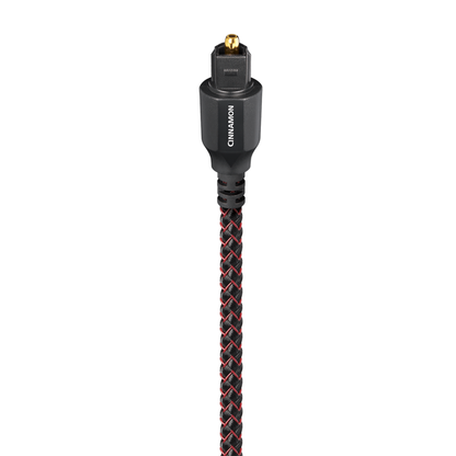 AudioQuest Cinnamon Optisches Kabel Produktansicht: Toslink-Stecker am rot-schwarzen Geflechtmantel