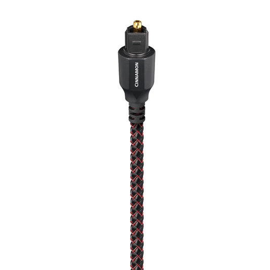 AudioQuest Cinnamon Optisches Kabel Produktansicht: Toslink-Stecker am rot-schwarzen Geflechtmantel