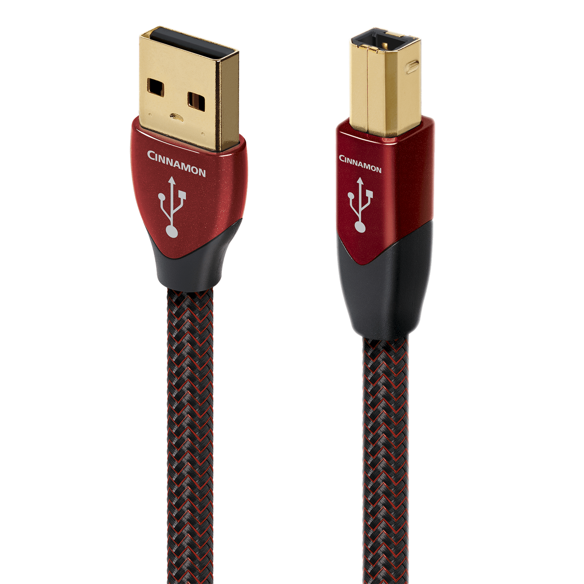 AudioQuest Cinnamon USB-Kabel Produktansicht mit USB-A- und USB-B-Stecker am geflochtenen Mantel