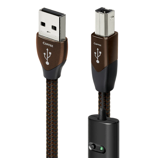 AudioQuest Coffee USB-Kabel Produktansicht mit USB-A- und USB-B-Stecker und 72-V-DBS-Modul