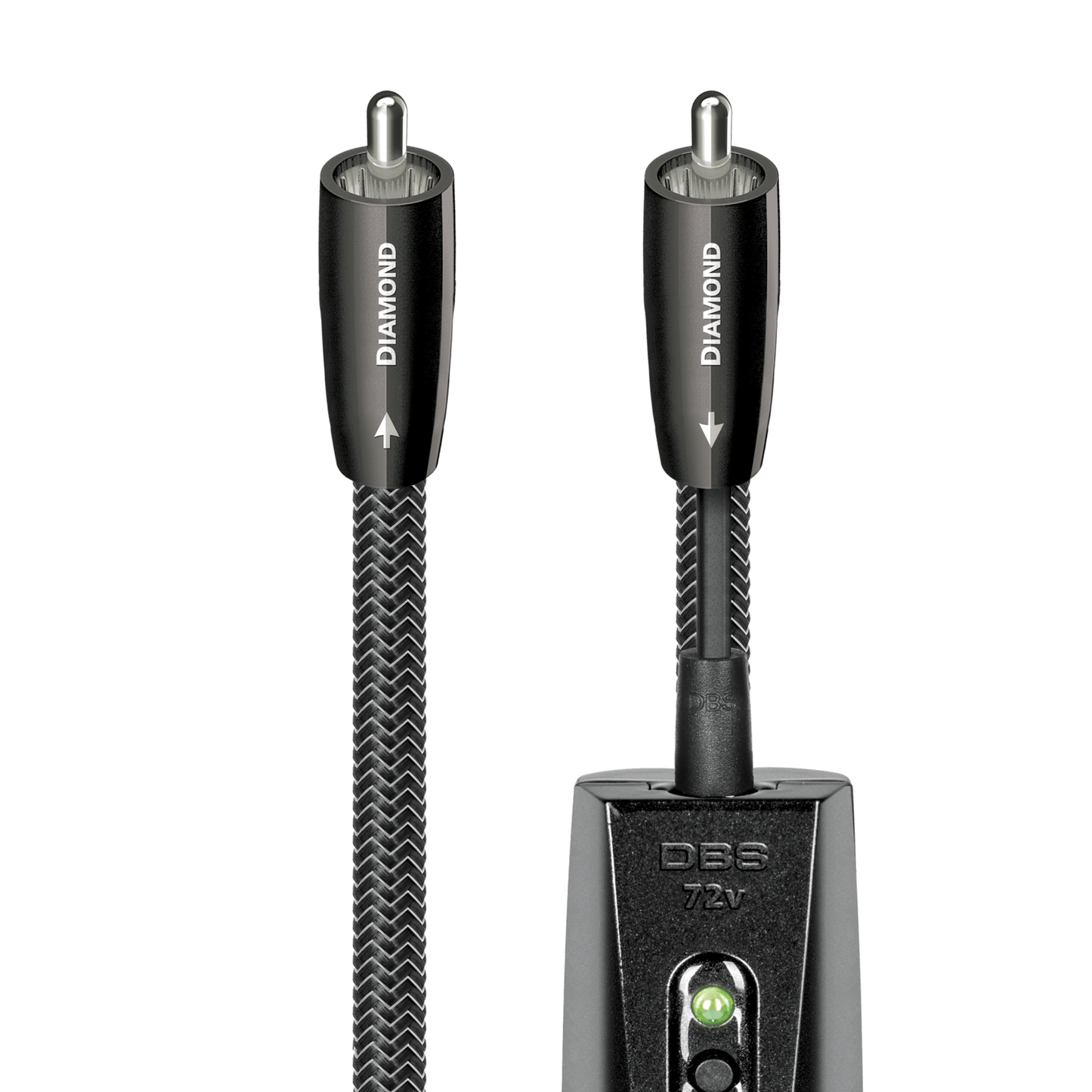 AudioQuest Diamond Digital-Koax-Kabel Detailansicht: beide Cinchstecker und DBS-72V-Modul mit Kontrollleuchte