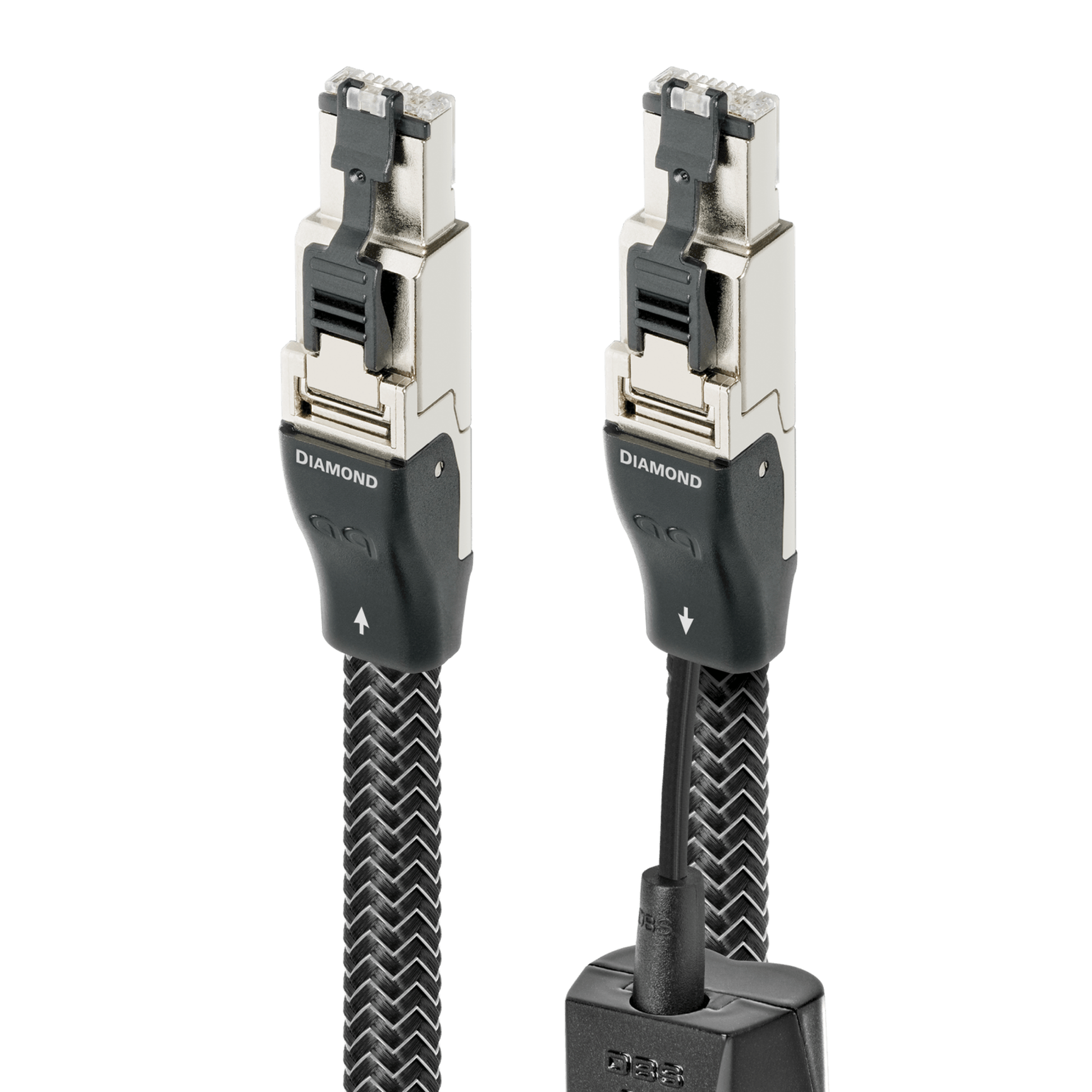 AudioQuest Diamond Ethernet-Kabel Detailansicht: beide RJ/E-Metallstecker und DBS-Batteriemodul