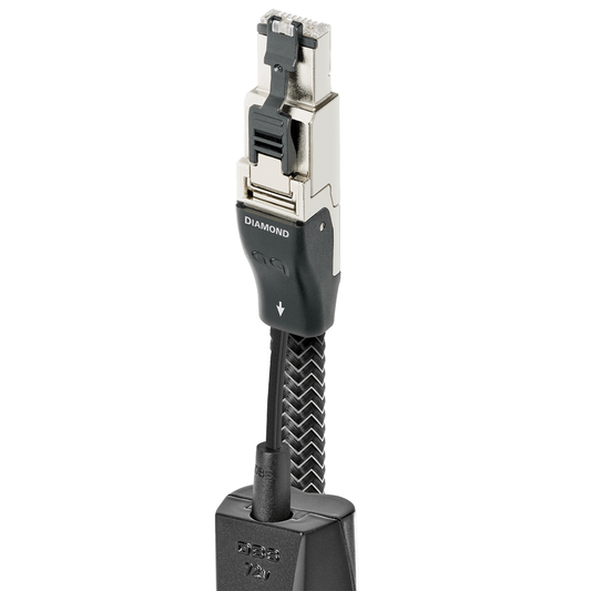 AudioQuest Diamond Ethernet-Kabel Produktansicht: RJ/E-Stecker im Metallgehäuse mit DBS-Modul